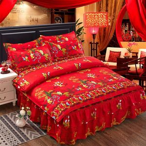 chinese style bedroom sets venda por atacado-Conjuntos de roupa de cama Chinês Skin friendly quarto casamento set quilt capa bed saia fronha rei rainha J8462