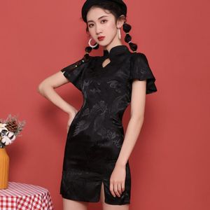 Svart kvinnlig vintage klänning kvinnor cheongsam sommar kort mode mini klänningar sundress kinesisk stil qipao streetwear etniska kläder