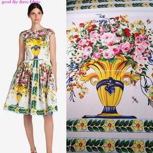 Tyg Vacker klänning Imitera Silk Rose Flower Vase Print Quilting Patchwork Sy Material DIY Women s
