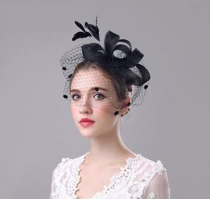 Mode Linnen Zwart Birdcage Sluier Vintage Bruids Hoeden Elegante Veer Bruiloft Haar Accessoires Huwelijk Hoed voor Dames Bruiden Dugfz py