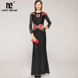 elbiseler milan toptan satış-Günlük Elbiseler Lady Milan Kadın O Boyun Uzun Kollu Nakış Dantel Zarif Kat Uzunluk Maxi Parti Giymek Pist