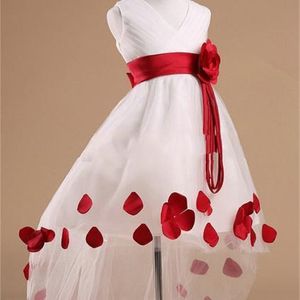 2017 Latest Desinger Style Flower Girl Dresses Patterns in V neck Sleeveless High Low Rose Sash White Flower Girl Dress With Red Petals