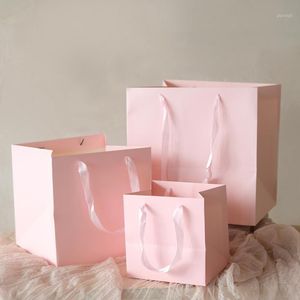 pink flower cake großhandel-Geschenk Wickelboxen Rosa Schwarz Rot Tasche Große Papierkiste für Blume Verpackung mit Saite Quadratische Hüllen Hochzeitsverpackung Kuchen