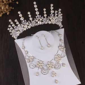 Handgjorda kristall pärla kostym smycken sätter rhinestone kronor brud kvinnor bröllop set choker halsband örhängen tiara