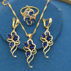 Örhängen Halsband Blue Stones Gold Färg Brud Smycken Satser för Kvinnor Ring Party Födelsedaggåva färger