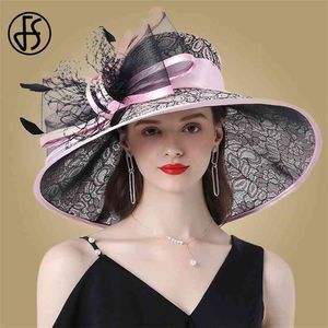 Wholesale womens tea party hats resale online - FS Pink Wide Brim Hats Hat For Women Elegant Church Purpe Big Feather Fedora Ladies Wedding Tea Party