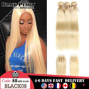 bündelt perücken großhandel-Synthetische Perücken Black Pearl Honig Blonde Bündel mit Schließung Brasilianisches Remy Gerade Menschliches Haar