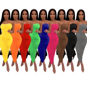 2021 Letnie sukienki damskie Ruched Sundress Sexy Ciało Kształtowanie Kostka Długość Plaża Plisowane Suknie Elegance Solid Party Clubwear Szata