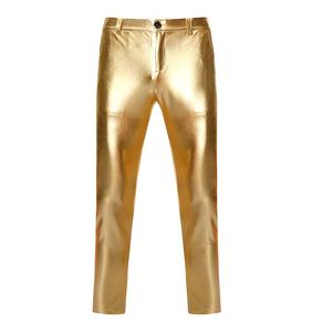 Męskie spodnie Motorcycle PU Skórzane Mężczyźni Marka Skinny Shiny Gold Coated Metallic Spodnie Nightclub Etap Wykonanie dla śpiewaków