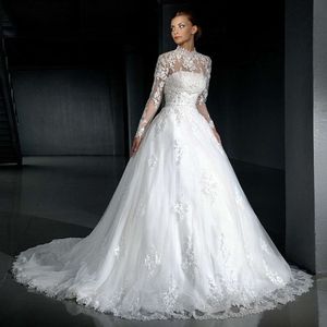 Wholesale jacket long train wedding dress resale online - 2019 Latest Long Sleeve High Neck Wedding Dress with Jacket Lace Tulle A Line Court Train Bridal Gowns Custom Made