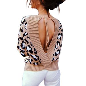 açık arka ceket toptan satış-Kadın Ceketler Kadın Kızlar Leopar Baskı Kazak Rahat Uzun Kollu Açık Geri Kravat Örme Kazak İlkbahar Sonbahar Tops