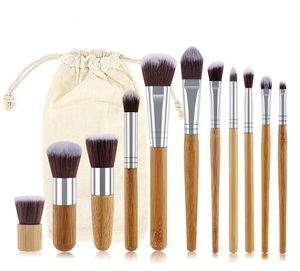 Pędzle Makijaż Sztuk Naturalny Bambusowy Uchwyt Zestaw wysokiej jakości Fundacja Mieszanie Kosmetyczne Makijaż Narzędzie z bawełnianą torbą