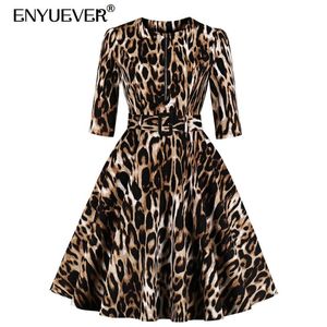 Enyuever Sexy Leopard Print Dress Kvinnor Kläder Ärm Bomull Bälte Robe Pin Up Swing Retro Vintage Klänningar med Fickor Casual