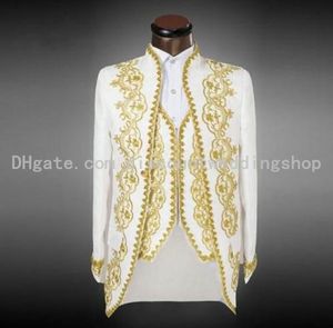Real Picture White Groom Tuxedos Stand Collar GroomsMen Mens Bruiloft Tuxedos Prom Suits Jas Pants Vest NO