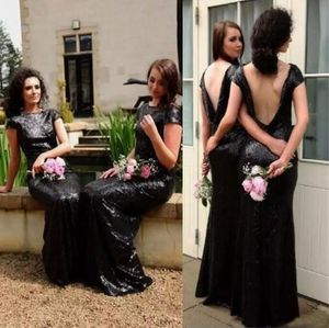 Charming Bridesmaid Black Sequined Dresses Crew Neck Short Sleeves Sexy Backless Design Gothic Shiny Wedding Prom Dresses