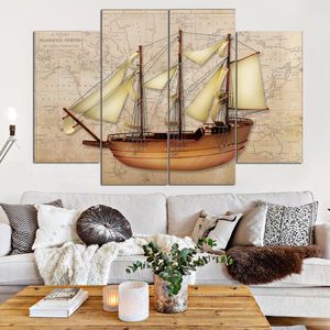 Prachtige zeilschepen en kaart van de World Frameloze schilderijen stks geen frame printd op canvas Arts Modern Home