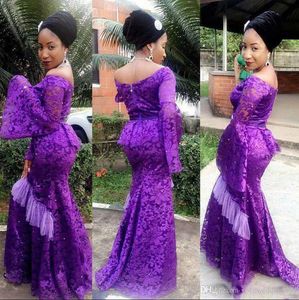 2019 African Nigerii Suknie wieczorowe Purple Aso Ebi Koronki Style Off Ramię Peplum Puffy Długie Rękawy Mermaid Prom Dresses Formalne Suknie