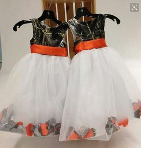 2016 land oranje lint sjok camo bloem meisje jurken met witte organza kinderen formele feestjurken vloerlengte