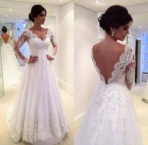 Elegant Illusion Long Sleeve Garden Wedding Dresses Modest V Neck With Lace Applique Tulle Long Bridal Gowns Custom Made China EN11222