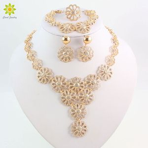 Mode kvinnor guldpläterade afrikanska pärla smycken sätter kristall blomma form halsband armband örhängen ring set