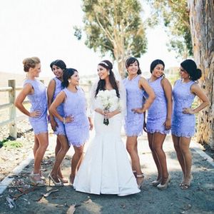 Hot koop lavendel korte kant bruidsmeisje jurken schede kolom juweel halslijn mouwloze rits terug mini bruiloft partij op maat gemaakte plus size