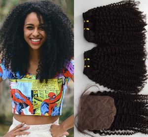 kinky afro örgü kapatmalar toptan satış-Brezilyalı Saç Demetleri Ile ipek Kapatma Afro Kinky Kıvırcık İnsan Saç Dokuma İşlenmemiş Bakire Saç Hint Malezya Perulu Saç Uzantıları