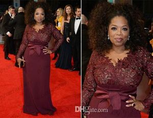 Oprah Winfrey Burgundy Long Sleeves Mother of the Bride Dresses V Neck Sheer Lace Sheath Plus Size Celebrity Red Carpet Evening Gowns Sale