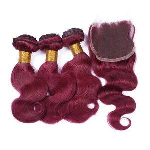 Wholesale human hair wine burgundy resale online - Virgin Brazilian Burgundy Bundles Hair With Closure J Wine Red Brazilian Human Hair Weaves With Body Wave Lace Closure x4