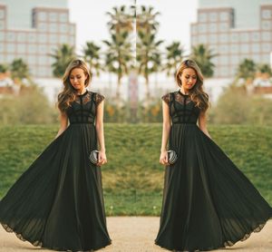 Elegant Sheer Lace Black Formal Party Evening Dress Capped Sleeves A line Chiffon Jewel Neck Women Modest Long Prom Dresses Maxi Gowns