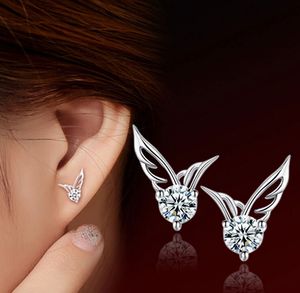 Women Angel Wings Stud Earrings Fashion South Korea Bohemian White Gold Overlay Ear Jewelry Sterling Silver Austrian Crystal Angel Wing