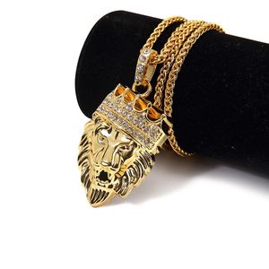Män Kvinnor Högkvalitativ K Guldpläterad Hip Hop Lion Head Crown Halsband Rapper Golden King Lion Face Pendants King Ige Chain Snake Necklace