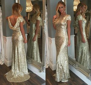 kıvırcık arkalıksız gelinlik toptan satış-Şampanya Altın Sequins Uzun Gelinlik Modelleri Sparkly Yüksek Boyun Kısa Kollu Backless Düğün Törenlerinde Hizmetçi Onur Elbiseler Genç