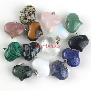 Charm Natural Mixed Different Gemstone Pendants High Polished Loose Beads Heart Shape Silver Plated Hook Stone Pendant Fit Necklace DIY