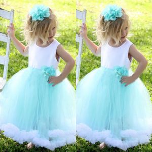 Adorable Flower Girl Dresses Gowns Puffy Little Girls Dress Special Occasion Formal Gowns White and Aqua Blue Handmade Flower Ruffles