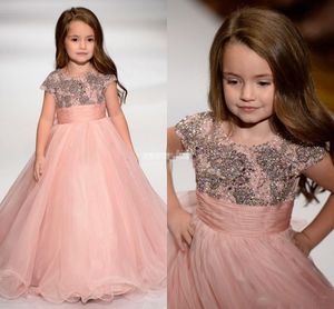 Dusty Pink Sequins Beaded Girls Pageant Gowns Cap Sleeve Organza Ruffles Flower Girl Dresses For Wedding Baby First Communion Dresses