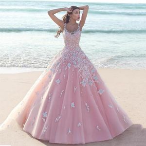 Fabulous Blush Pink Tule Trouwjurken Zomer Beach Scoop Lace Applique Long Sweet Quinceanera Dress Custom Made China EN70513