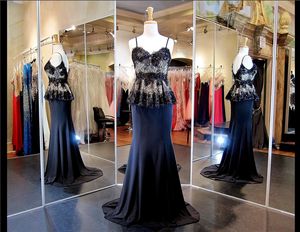 siyah çıplak dantel balo elbiseleri toptan satış-Siyah Çıplak Vintage Eski Hollywood Stil Dantel Peplum Spagetti Sapanlar Jersey Balo Elbise Mermaid Abiye