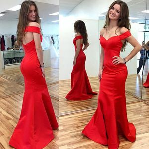 Modest Red Satin Mermaid Prom Dresses Long Cheap Off The Shoulder Sexy Cut Out Back Formal Party Evening Gowns Custom Made EN10919