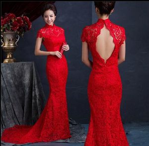 Luxe rode kant zijde slanke Chinese jurken lange cheongsam jurk verbeterde rode hoge kraag backless bruids bruid jurken zeemeermin stijl