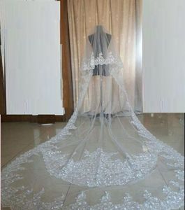 Wholesale long veils resale online - Long Wedding Veils Three Meters Long Veils Lace Applique Crystals Cathedral Length Cheap Bridal Veil HT94