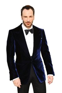 Tailored Dark Blue velvet wedding suits for men peak lapel Groom Wear tuxedos Jacket Pant tie Free Shiping