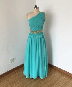 100 echte foto s elegante a lijn goud kralen een schouder avondjurk turquoise blauwe chiffon lange bruidsmeisje jurk