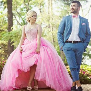 Sparkly Colorful Pink Wedding Dress Ball Gown Puffy Tulle Coret Top Luxury Beaded Bodice Sweetheart Halsband Brudklänningar