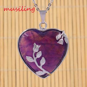 Necklace Pendants Jewelry Silver Plated Natural Stone Amethyst Opal etc Heart Rose Mascot Reiki Pendant Charms European Fashion Jewelry
