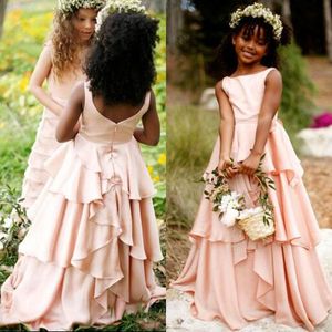 Wedding Bateauネックノースリーブ階層の赤面ピンクの花の女の子のドレスは長い全長子供の結婚式のパーティーフォーマルウェアティーンガウン