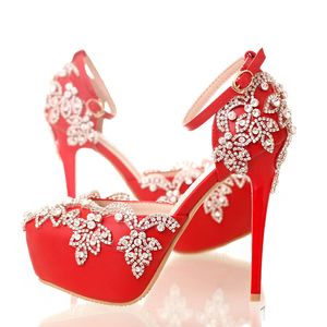 rhinestone formal platform shoes оптовых-Красные высокие каблуки для свадьбы с горный хрусталь Леди ночной клуб вечернее платье обувь с лодыжки ремни платформы невесты обувь