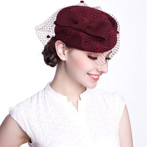 Womens Church Dress Fascinator Airline Stewardess Wool Felt Tilt Pillbox Hat Party Wedding Bowknot Veil Cap A080 on Sale