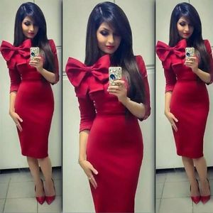 Skromny Dubai Arabski Czerwony Satynowe Suknie Koktajlowe Tanie Bow Sash Ramię Długie Rękaw Sukienka Krótka impreza Custom Made EN10237
