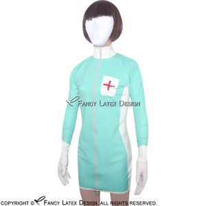 сестринское платье с молниями оптовых-Джейд зеленая сексуальная латексная медсестра униформа устанавливает резиновые платья костюм с крестом на молнии на фронте