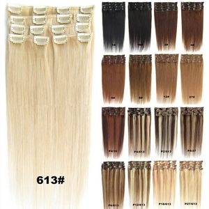 Blond Black Brown Silky Straight Real Human Hair Remy Clip In Extensions tum g g g Brasiliansk Indisk För Full Head Double Weft